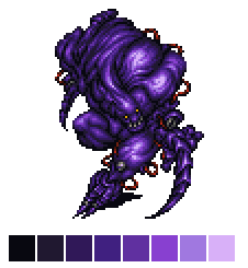 Pixel art of a purple creature. It has bulbous muscles and sharp claws.